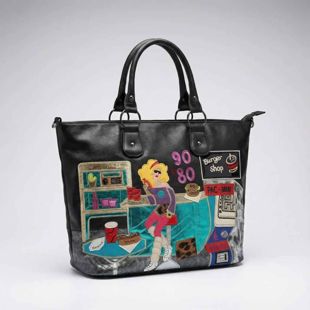 کیف چرم زنانه مشکی طرح دار