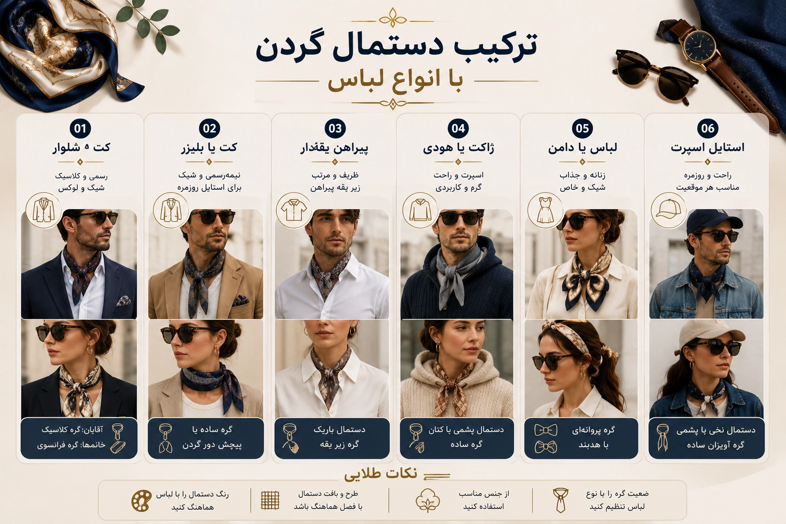 ترکیب دستمال گردن با انواع لباس