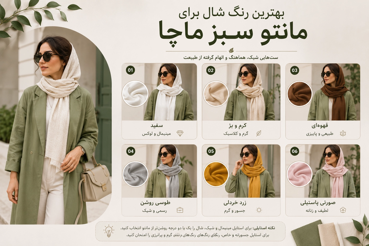 بهترین رنگ شال برای مانتو سبز ماچا